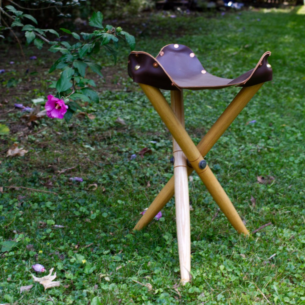 Ash and leather camp stool.