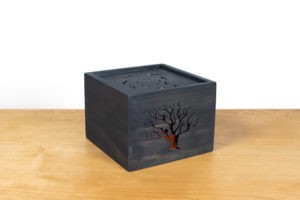 Sliding Lid Box with Tree and Bat Piercings in Black milk paint